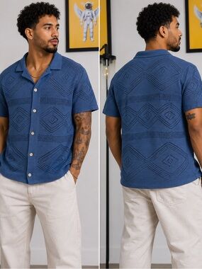 Sandstone Blue Crochet Mid Weight Button Down